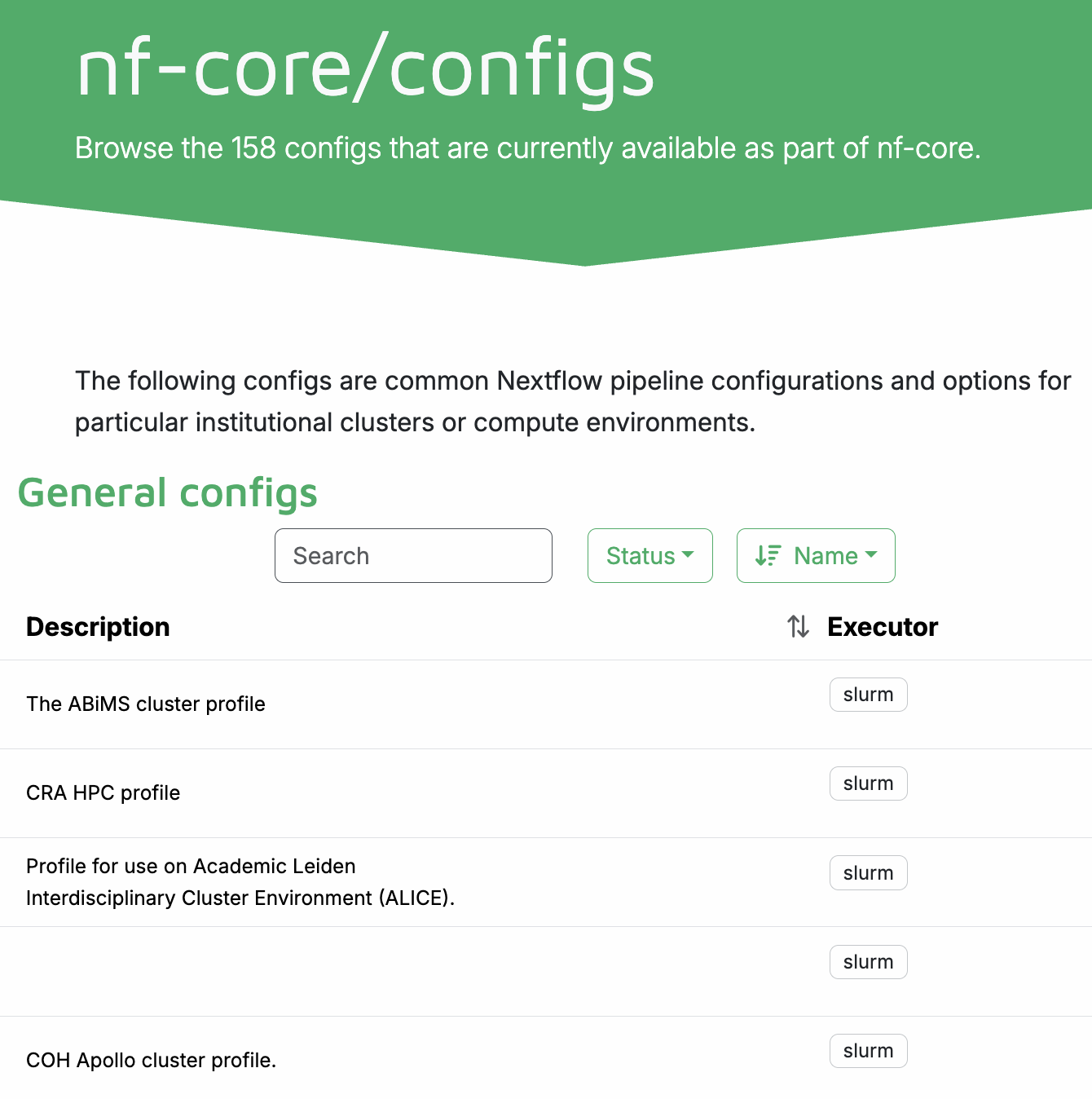 The nf-co.re/configs page: a searchable list of institutional configs, each row showing a cluster description and the executor it uses, such as slurm