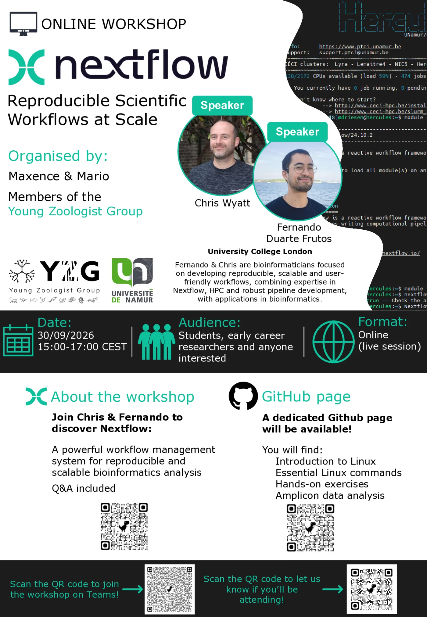 Workshop poster: Nextflow, Reproducible Scientific Workflows at Scale. Speakers Chris Wyatt and Fernando Duarte Frutos (University College London); organised by Maxence and Mario of the Young Zoologist Group; 30/09/2026, 15:00–17:00 CEST, online.